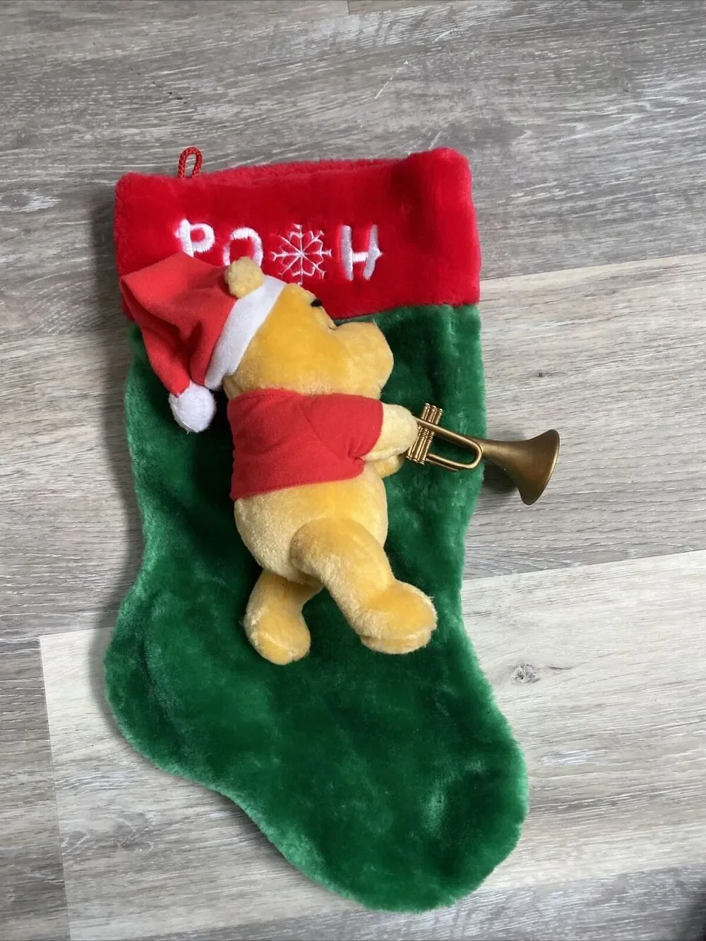 Winnie the Pooh plush with horn Christmas stocking Red Green Yellow